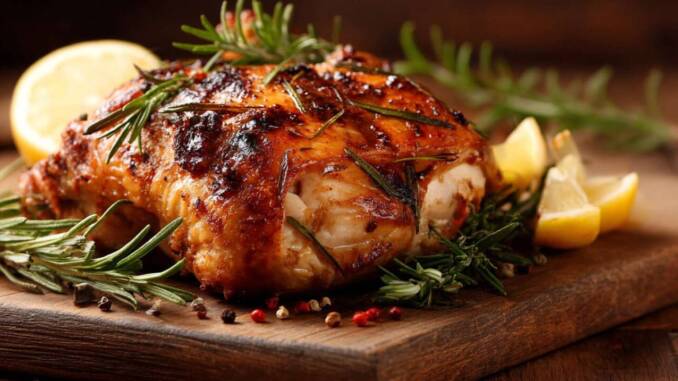 Pui rumenit la cuptor cu lămâie, usturoi și ierburi aromate, rețetă simplă cu piele crocantă