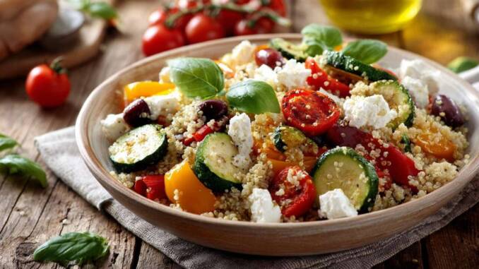 Salată din quinoa cu legume crocante și brânză feta, rețetă simplă pentru prânz și garnitură