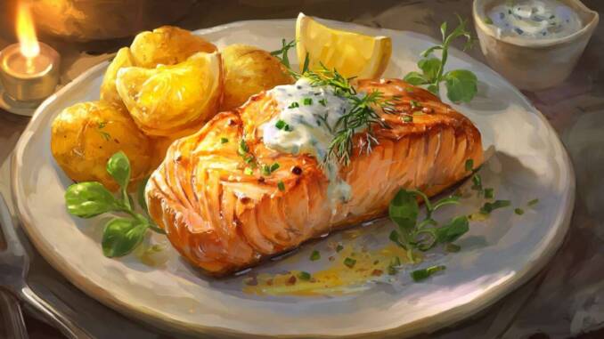 Somon fript la grătar cu sos de iaurt și mărar, rețetă rapidă și zemoasă