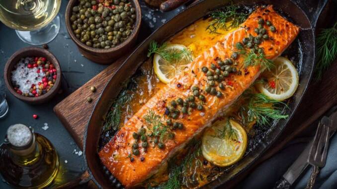 Somon prăjit în tigaie cu sos de lămâie și capere — rețetă rapidă cu piele crocantă
