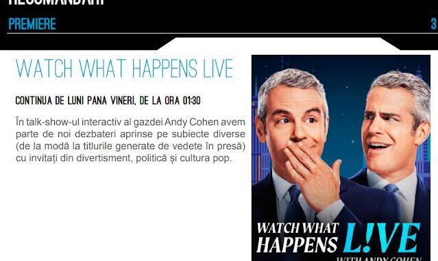 E! prezintă o grilă care cuprinde Keeping Up with the Kardashians, Richkids of Beverly Hills și Watch What Happens Live