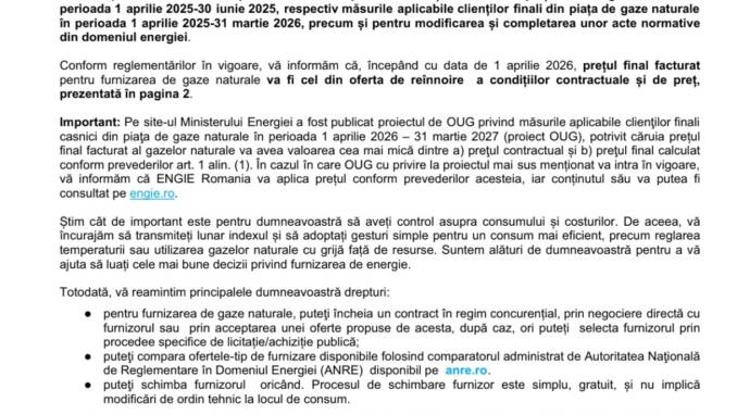ENGIE Romania informează clienții despre tranziția de la tarife plafonate către oferte contractuale și despre noul preț al gazului